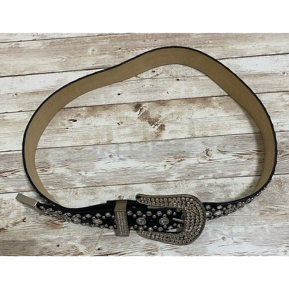 Genuine Italian Leather Belt Womens Size Large Rhinestones Silver Tone Hardware main image 6